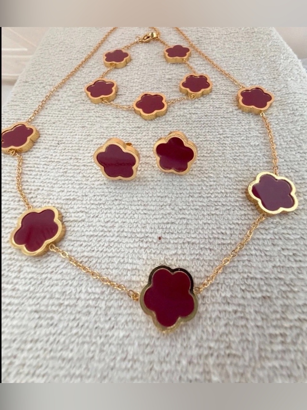 18K Gold Plated red wine Clover Necklace Set stainless steel womens jewelry